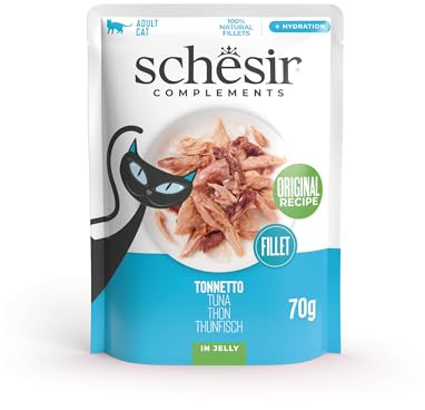 Schesir, Filetes de Atún en Gelatina, Comida Húmeda Complementaria para Gatos, en Bolsas, Receta Original, 100% Natural, 12 x 70g
