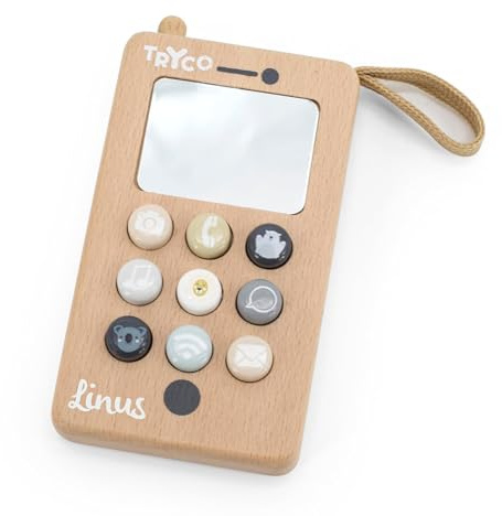 Mainely Personalizable teléfono de Juguete de Madera – con Botones de Colores & Espejo – fomenta el Juego imaginativo – para niños pequeños – Personalizado con Nombre – Tryco