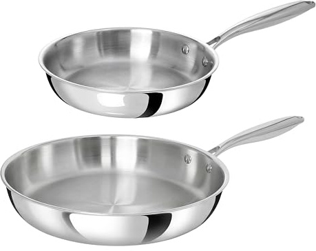 TeCuisine – Lot de 2 Poêles Inox 18/10 Triply – 24 cm – 32 cm – Sans Revêtement – Sans PFAS, PFOA, PTFE – Compatible Tous Feux Dont Induction – Manche Riveté Froid – Cuisson Saine et Durable