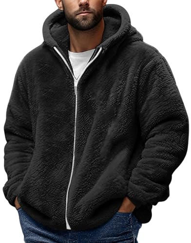 Generisch Chaqueta de forro polar para hombre con capucha y cremallera, sudadera de invierno con pelo de peluche, chaqueta con capucha de gran tamaño, chaqueta de forro polar para hombre