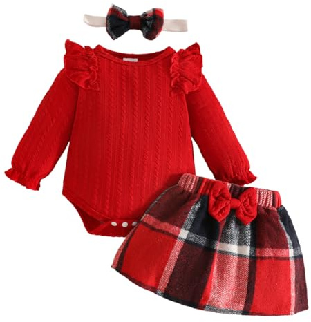 LUVCES Conjunto Falda de Otoño para Niña Bebé Mono de Manga Larga con Volantes + Falda a Cuadros con Diadema 3 Piezas Ropa Bonita Trajes de Primavera