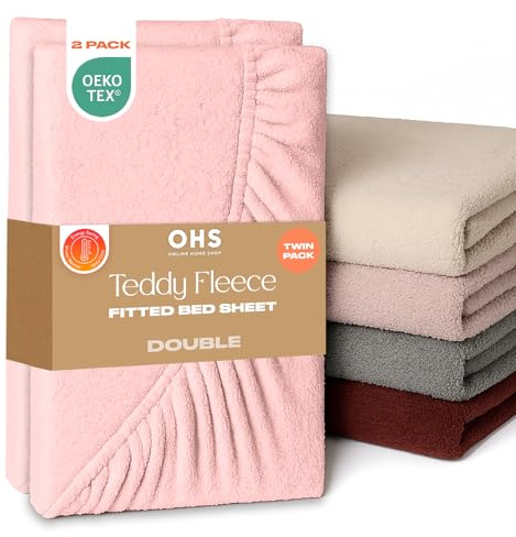 Brentfords 2 Pack Fitted Sheet Double, Teddy Fleece Fitted Sheet Bed Cover Deep Pocket 25cm Fluffy Bedding Fade Resistant Cuddly Cosy Teddy Bear Bedding, Pink - Double