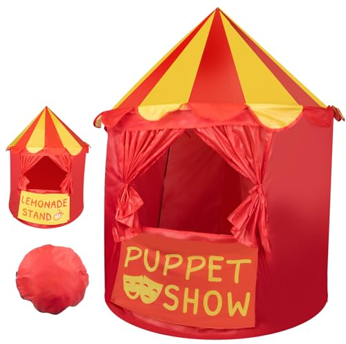 Extguds Tente de jeu ronde de théâtre de marionnettes avec panneau avant réversible, spectacle de marionnettes 2 en 1 et support de limonade, maison de jeu portable pliable avec sac de transport