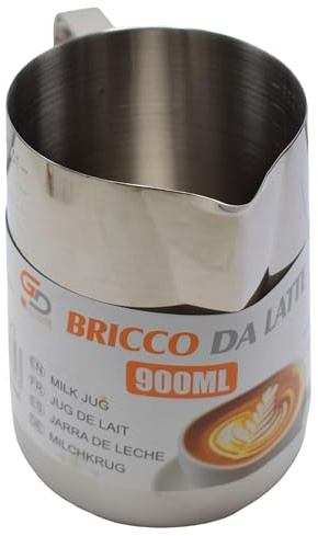 Bricco Da Latte Professionale in Acciaio Inox, Caraffa Graduata per Latte Art e Cappuccino, 350/550/900 ml, con Beccuccio di Precisione per Baristi (900 ml)