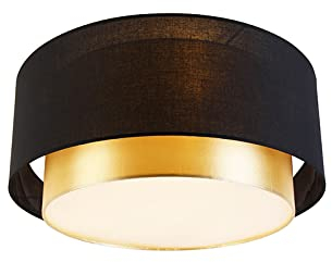Qazqa - Moderne Deckenleuchte I Deckenlampe I Lampe I Leuchte schwarz mit Gold I Messing 50 cm 3-flammig - Drum mit Schirm Duo I Wohnzimmer I Schlafzimmer - Textil Zylinder - LED geeignet E14