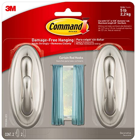 Command Curtain Rod Hooks, Large, Brushed Nickel, 2-Hooks, 2-Strips, 2-Pack, Decorate Damage-Free