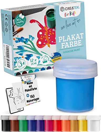 CreaTek Bastelfarben für Kinder [Perfekt für Kiga, Schule & Hobby] 12x20ml Leuchtende Malfarben 3 Jahre - 100% Sicher, Vegan, Geruchlos & Auswaschbar - Plakatfarben, Malfarben Schule