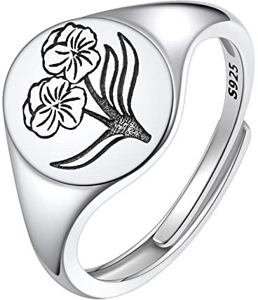 FindChic 925 Sterling Silver Birth Flower Ring for Women Dainty February Violet Adjustable Floral Stamped Signet Ring