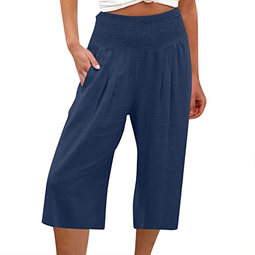 Damen Leinenhose Sommer 7/8 Sommerhose Leicht und Luftig Hosen Locker Hohe Taille Caprihose Elastisch Baumwolle Leinen Material Hose Einfarbig Eine Farbe Strandhose Casual Pants