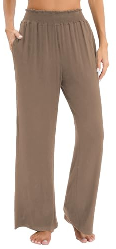 Famulily Wide Leg Yoga Pants for Women UK Loose Fit, Ladies Long Trousers with Elasticated Waist (S, Brown)