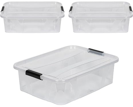 Kreher® XL Aufbewahrungsboxen mit Deckel aus Lebensmittel-geeignetem Kunststoff in Transparent. Stapelbare Lagerboxen für Haushalt, Garage, Industrie (21 Liter, 3er Set)
