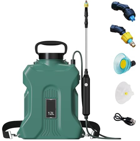 Akku Drucksprüher, 12L Elektrischer Pflanzensprüher, Hohe Kapazität Gartensprüher mit 3 Düsen und Teleskopstange & verstellbarem Schultergurt für Garten Bewässerung Unkrautbekämpfung (Grün)
