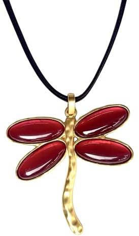 ASTER ALHELÍ – Colgante Mujer Libélula Dorada – Collar Largo Ajustable de Ante Marrón con Amuleto de Protección – Joyería Artesanal Hecha a Mano en España – Regalo Original Mujer (Rojo)