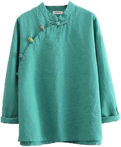 Kkaebi Blusa Cinese in Ramie per Donne - Camicia Hanfu Estiva in Cotone E Lino Abbigliamento Tradizionale Tuta da Meditazione con Maniche Lunghe Top Tunica retrò (S,Verde)