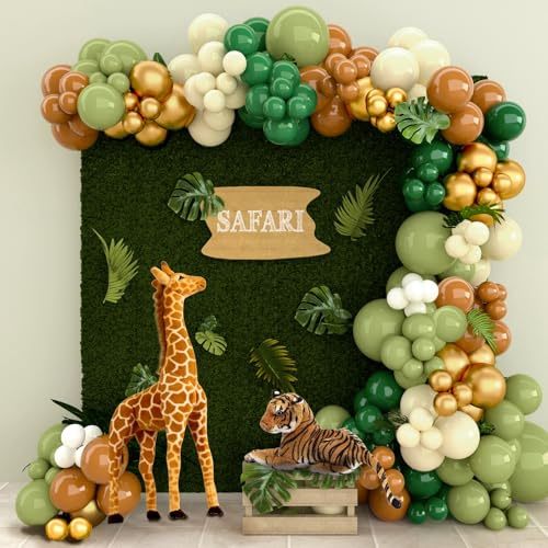 Green Balloon Arch Kit - 127pcs Jungle Safari Party Decorations with Sage Green Balloons Brown Balloon, Wild One Birthday Decorations for Jungle Theme Party Decorations Baby Shower Birthday Decoration