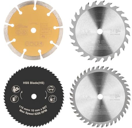 BALUGAEA Juego de 4 hojas de sierra circular, 115 mm x 10 mm, TCT para madera, 24/40 dientes, hoja de sierra HSS para metal, disco de corte de diamante para azulejos
