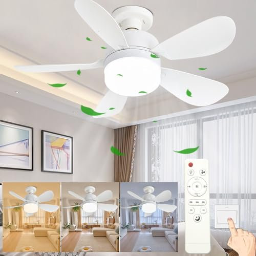 Casa Shop Ventilador de Techo LED NANO con Control Remoto, Bombilla Casquillo E27 5 Aspas, 3 Temperaturas de Color, Blanco Luz regulable 12w 1080LM
