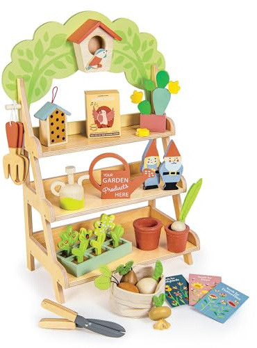 Tender Leaf Toys - Garden Centre - Wood Pretend Play Gardening Set Including Tools, Bird House, Gnomes and Accessories - Encourages Imaginative Play, Improves Language and Fine Motor Skills - Age 3+