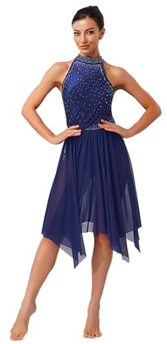 ranrann Vestito da Ballo Lirico Latino Americano Donna Senza Schiena Strass Abito da Pattinaggio Gonna Asimmetrica Danza Moderna Standard Valzer Tango Sala Saggio A Blu Scuro S