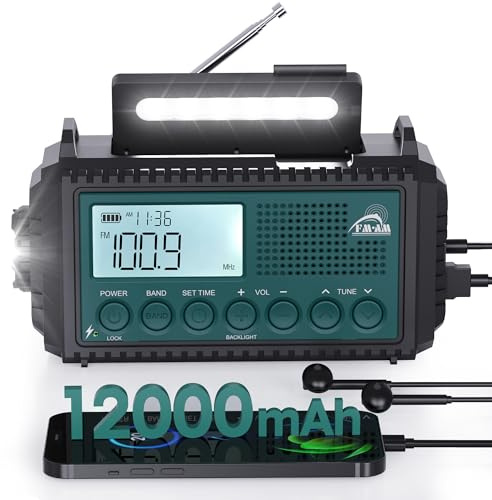 Radio de Manivela, 12000 mAh, Radio de Emergencia Am/FM/SW, Radio Solar de 5 vías con Receptor Mundial, Linterna LED y luz de Lectura, Manivela Blackout Equipo de Emergencia para Exteriores