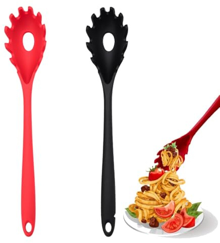 AEUXZA Set di 2 Cucchiaio per Pasta in Silicone, Forchetta per Spaghetti Resistente al Calore per Pentole Antiaderenti, Mestolo per Servire Spaghetti e Tagliatelle, Nero e Rosso