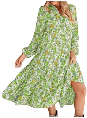 Generisch Categoría de producto Traje largo con falda 1 Elegante vestido maxi floral bohemio con corte casual Mangas largas globo Escote en V, verde, L