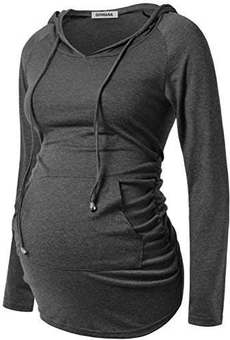 GINKANA Maternity Hoodie Long Sleeves Shirts Casual Maternity Top Pregnancy Sweatshirt Casual Clothes, Dark Grey, S