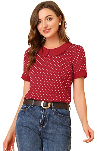 Allegra K Women's Peter Pan Collar Shirt Vintage 1950s Polka Dots Blouse Medium Red
