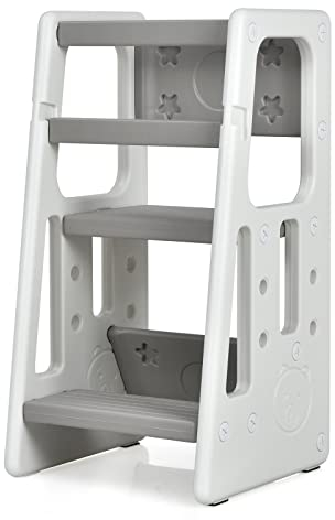 GOPLUS Torre de aprendizaje 2 en 1 para bebés, utensilios de cocina con 3 alturas ajustables, peldaños antideslizantes, protección anticaídas y asiento para 18-60 meses, taburete de HDPE