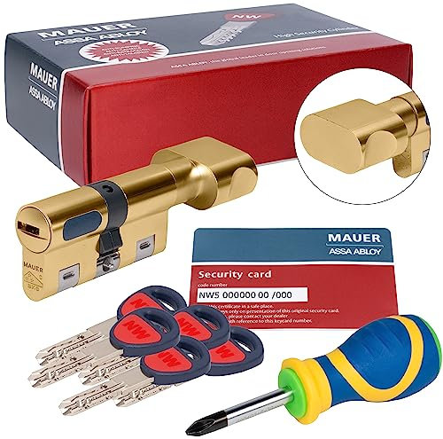 MAUER NW5 Bombin de Seguridad 31x31 Color Laton con Pomo + Destornillador, Cilindro Bombillo Reforzado Anti Impresioning Anti Rotura AntiBumping Anti-Taladro Leva Anti-Extracción Cerradura