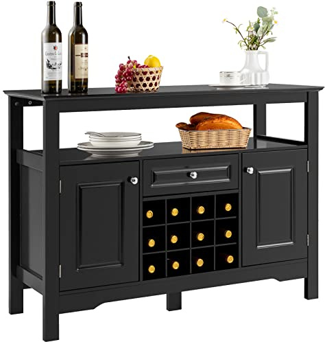 COSTWAY Aparador de Cocina con Porta Botellas de Vino, Repisa Abierta, 2 Armarios y Cajón, Armario de Comedor, Mueble para Cocina Comedor Salón 117 x 40,5 x 85,5 cm (Negro)