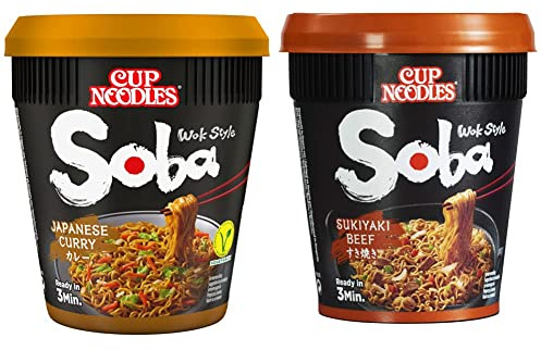 Nissin Cup Noodles Soba Cup - Japanese Curry, 8er Pack, Wok Style Instant-Nudeln japanischer Art mit Curry-Sauce und Gemüse, vegetarisch (8x90g) & Nissin Cup Noodles Soba Cup – Sukiyaki Beef, 8 x 89 g