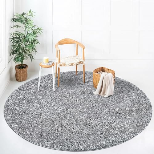 payé Teppich Rund Hochflor Shaggy - 200x200cm - Grau Einfarbig Uni Flauschig Modern Boho Wohnzimmer Schlafzimmer Deko Teppiche Weich Schlafzimmer