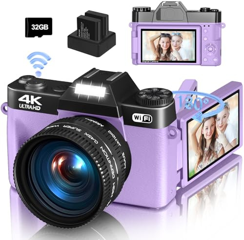 Cámara digital para fotografía, 4K 48MP Vlogging Cámara para YouTube con WiFi, visualización abatible de 3 pulgadas y 180 grados, zoom digital 16X, lente gran angular de 52 mm y lente macro, tarjeta