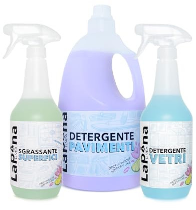 LaPina Kit pulizia casa, per una casa splendente (NINFEA e LIME, VETRI 750 ML + SGRASSATORE 750ML + PAVIMENTI 2L)