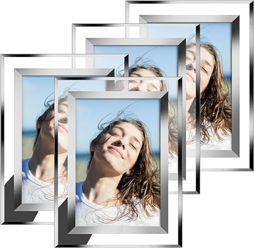 AKOLAFE Photo Frame 7x5 Silver Mirrored Picture Frames 4 PACK Glass Photo Frames 5x7 Inches Portrait Picture Landscape Frames Gifts Photograph Desktop Display
