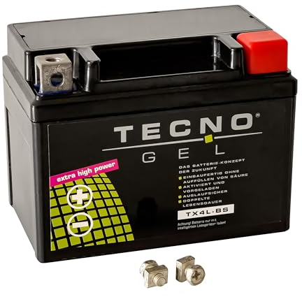 TECNO-GEL Motorrad-Batterie für YTX4L-BS, 12V Gel-Batterie 4Ah (DIN 50314), 114x69x87 mm