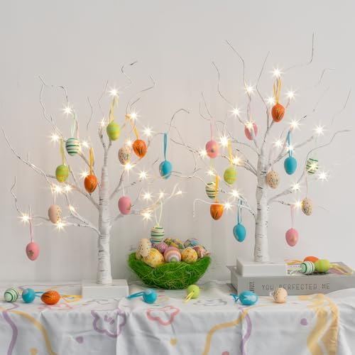 DELICHTER Set 2 Alberi Pasqua Bianchi con uova colorate. Alberi ramo a batteria con luci. Alberi luminosi decorativi, 36 uova