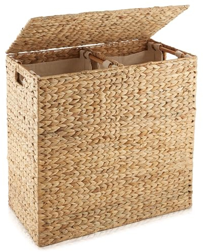 Casafield 2-Section Laundry Hamper with Removable Liner Bags - Natural, Woven Water Hyacinth Double Laundry Basket Sorter for Clothes and Towels