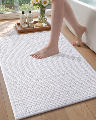 COLOR&GEOMETRY Chenille Rubber Backed White Bath Mat, 60x90 CM Bathroom Rug | Non Slip, Soft, Absorbent, Water Washable Thin Bathroom Mat for Bathroom Floor, Tub, and shower