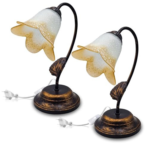 MAKA Lampada da Tavolo Vintage E14 (lampadina non inclusa) Luce Comodino Scrivania in Metallo Spazzolato Foglie Paralume in Vetro Artigianale Soggiorno Camera (2x Lampada Autunno)