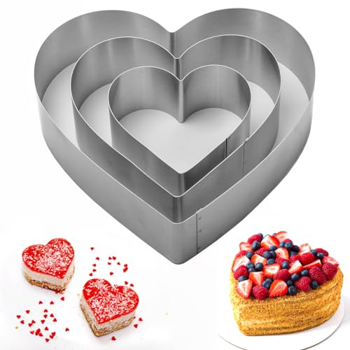 WWYSSZ Set di 3 Anelli per Torte a Forma di Cuore, 10/15/20cm Coppapasta Cuore in Acciaio Inox per Torte, Stampo da Forno a Forma di Cuore per Torta, Pasticceria, Dessert, Biscotti, Vacanze, Feste