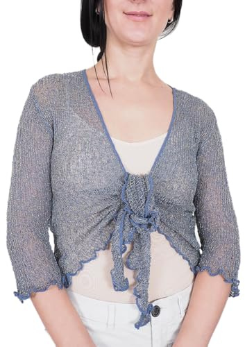 Mimosa damer virkad rull Bolero glitter eller vanlig superstretchig spets fisknät slips i midja Bolero öppen cardigan passar UK 6-28, Denim/Guld, One Size (Stor)