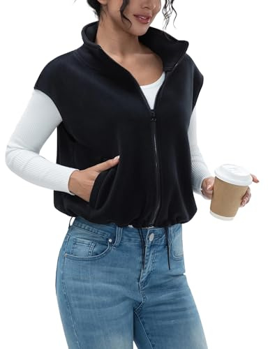 miswek Women's Full Zip Fleece Short Vest Warm Winter Sleeveless Stand Collar Sherpa Crop Coat(Black M)