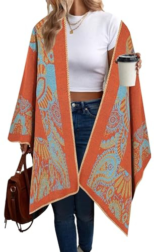 Breezy Lane Poncho per Donne con Scialle Stampato Avvolgente, Apertura Anteriore, Ruana in Maglia, Mantello, Coperta Oversize, Cardigan per Autunno e Inverno, Taglia unica