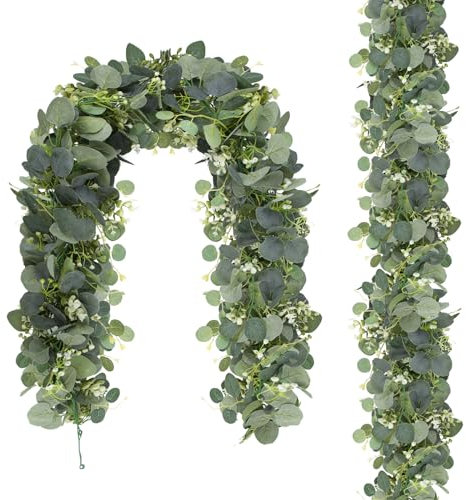 2 Pcs 180cm Artificial Eucalyptus Garland, Artificial Garland with White Flowers, Realistic Hanging Plant, Eucalyptus for Weddings Parties Dining Tables Stairs Decorations