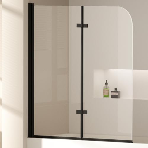 EMKE Panel de ducha para bañera 120x140 cm, marco negro, mampara de bañera plegable de 2 partes, panel de bañera de vidrio de seguridad de 6 mm, separación de ducha para bañera, fácil de limpiar