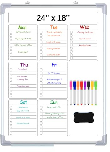 Lincia Magnetic to Do List Whiteboard for Wall 24 x 18 Large Weekly Dry Erase Board, Hanging Double-Side White Board Calendar for Planning Drawing Memo Home Kitchen Office(White)
