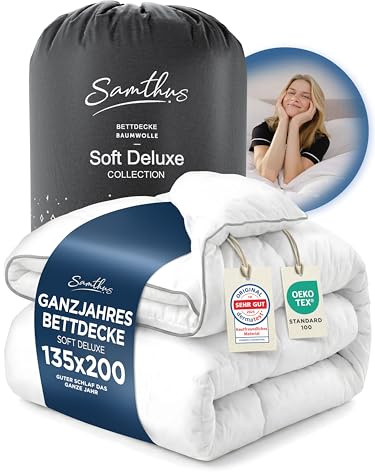 Samthus Premium Bettdecke 135x200cm - Oeko-Tex und Dermatest zertifizierte Ganzjahresdecke - kuschelige Schlafdecke Zudecke mit Aussenhülle aus 100% Baumwolle - weiche Steppdecke - Blanket Duvet