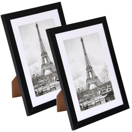 Marjoramy Set di 2 cornici portafoto 21 x 14,8 cm, in legno nero con passepartout e vetro acrilico, robuste cornici in MDF per foto, poster, documenti e certificati, cornice da parete con supporto (A5